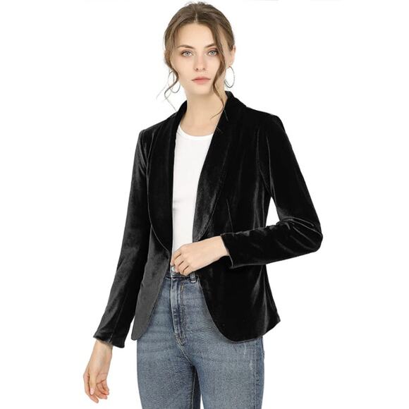 ALLEGRA K Women Work Shawl Collar One Button Velvet Blazer Jacket Medium Black - Picture 1 of 11